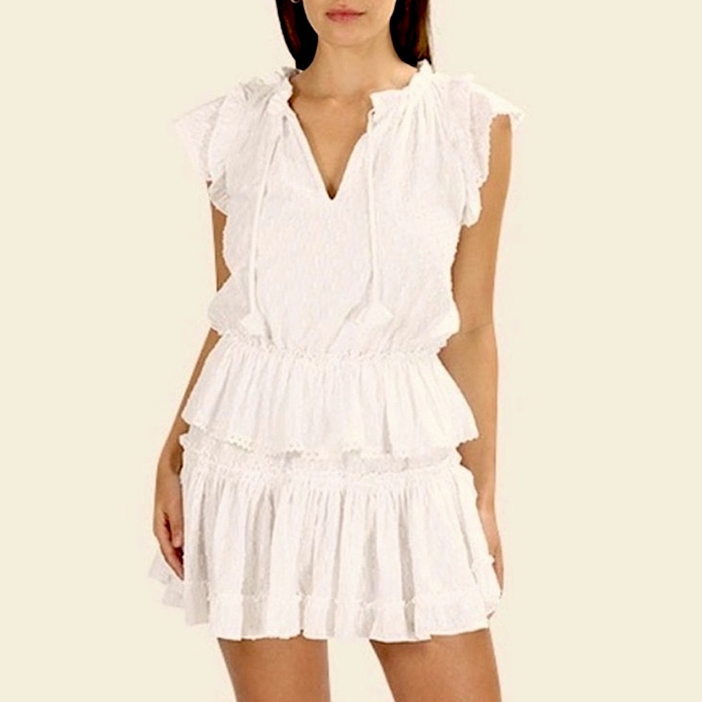 MISA Los Angeles Linen Popover Ruffle Tiered Mini Dress in Ivory Cream S
